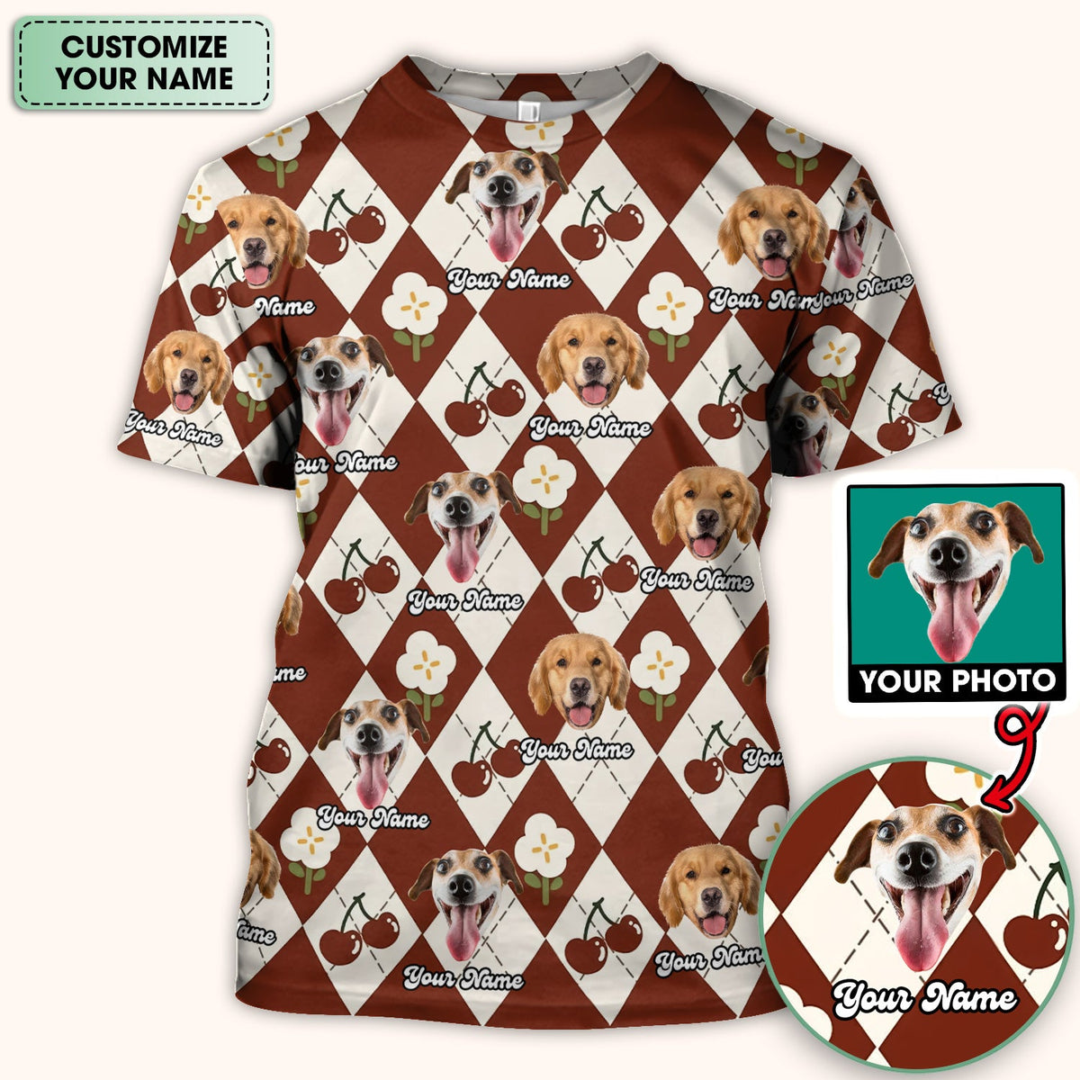 Dog Face Cherry Argyle Nurse Scrub Top