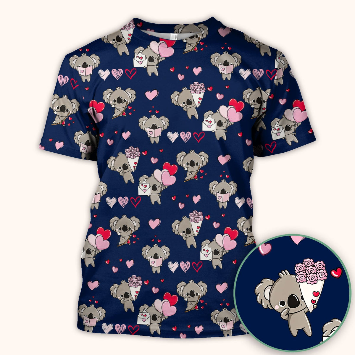Valentine Koala Holding Flowers Cute Print Scrub Top, Comfortable Scrubs for Nurses