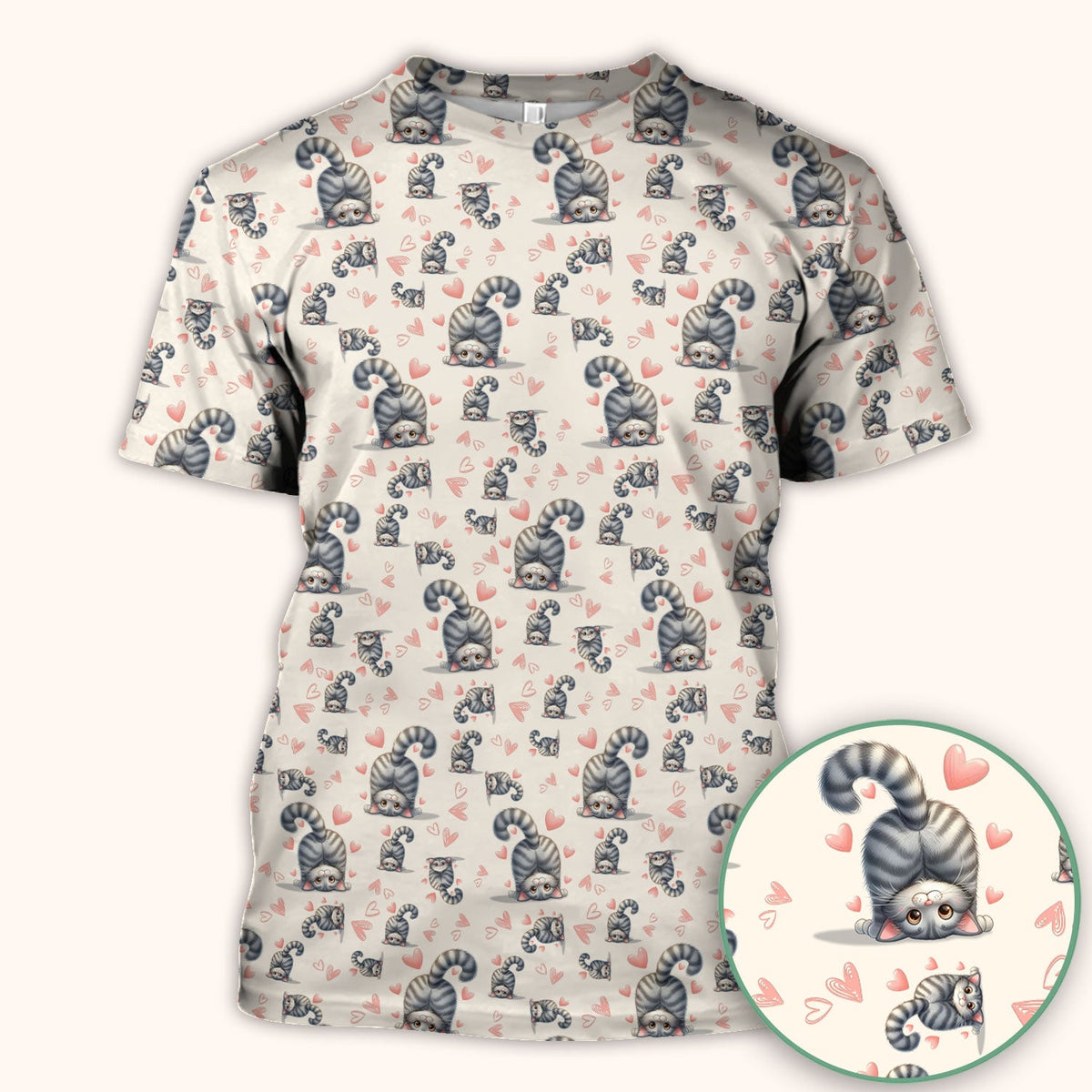 Valentine Cute Cat Scrub Top, Cat Heart Pattern Nurse Uniform, Comfortable Scrubs For Nurses