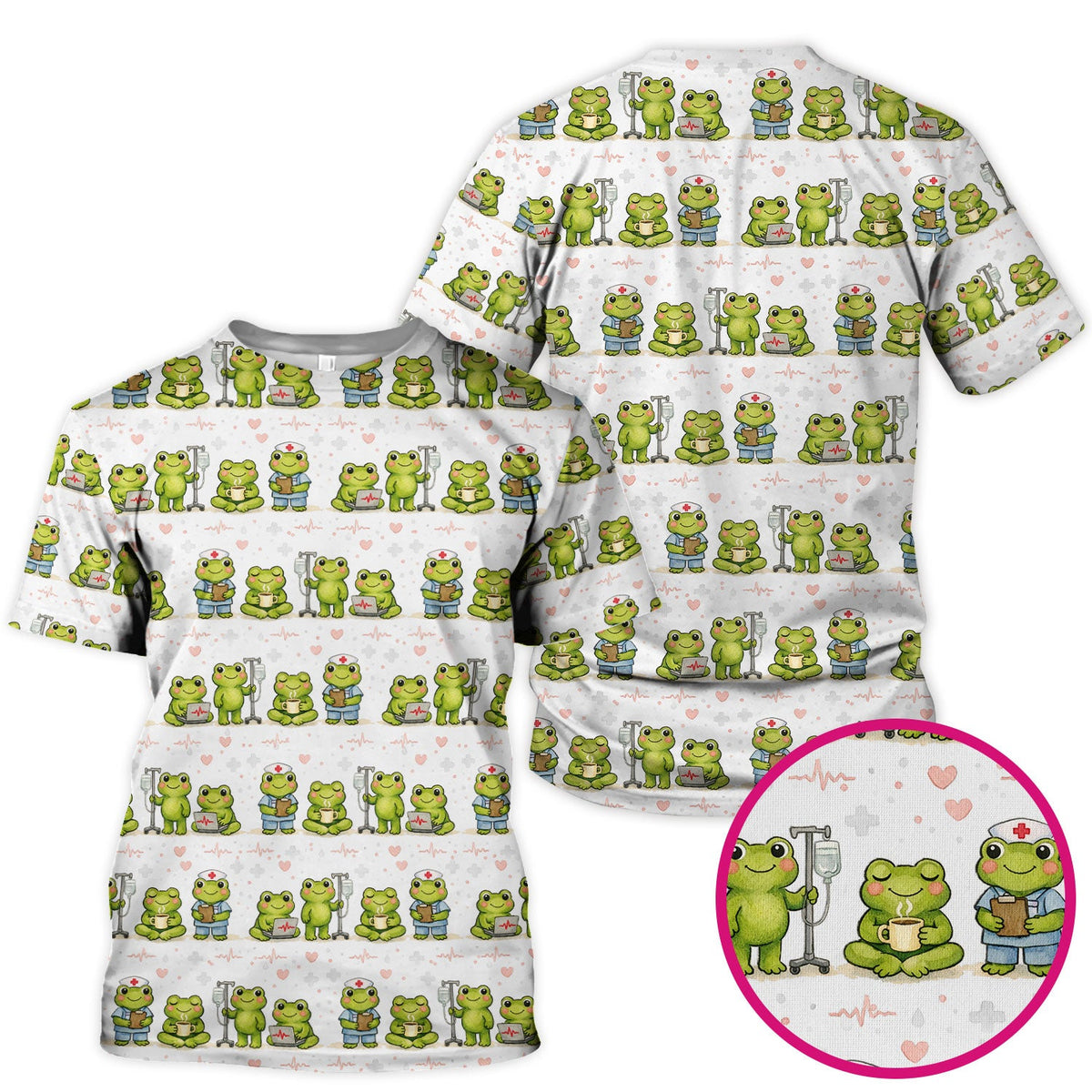 Adorable Frog Nurse Various Poses Print Scrub Top, Comfortable Scrubs for Nurses