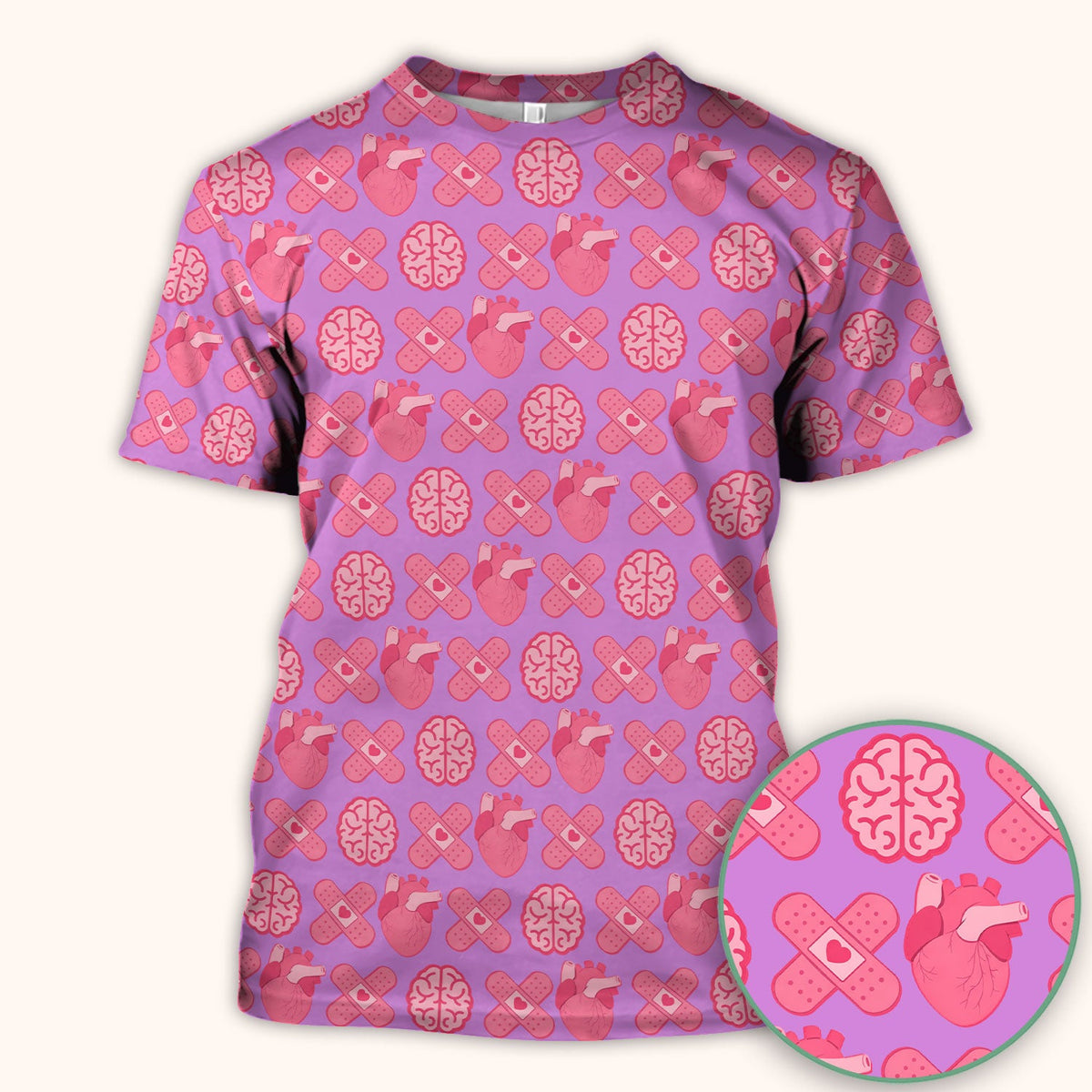 Heart & Brain Medical Icon Pattern Scrub Top, Breathable Fabrics Nursing Uniform