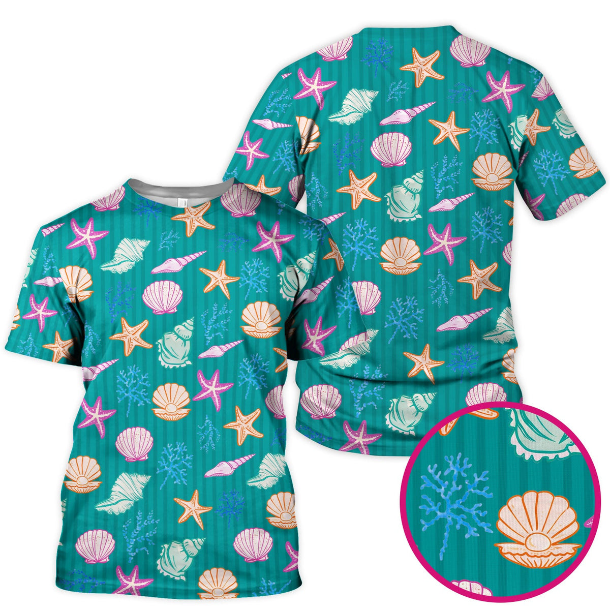 Colorful Seashell Starfish Ocean Stripe Nurse Scrub Top