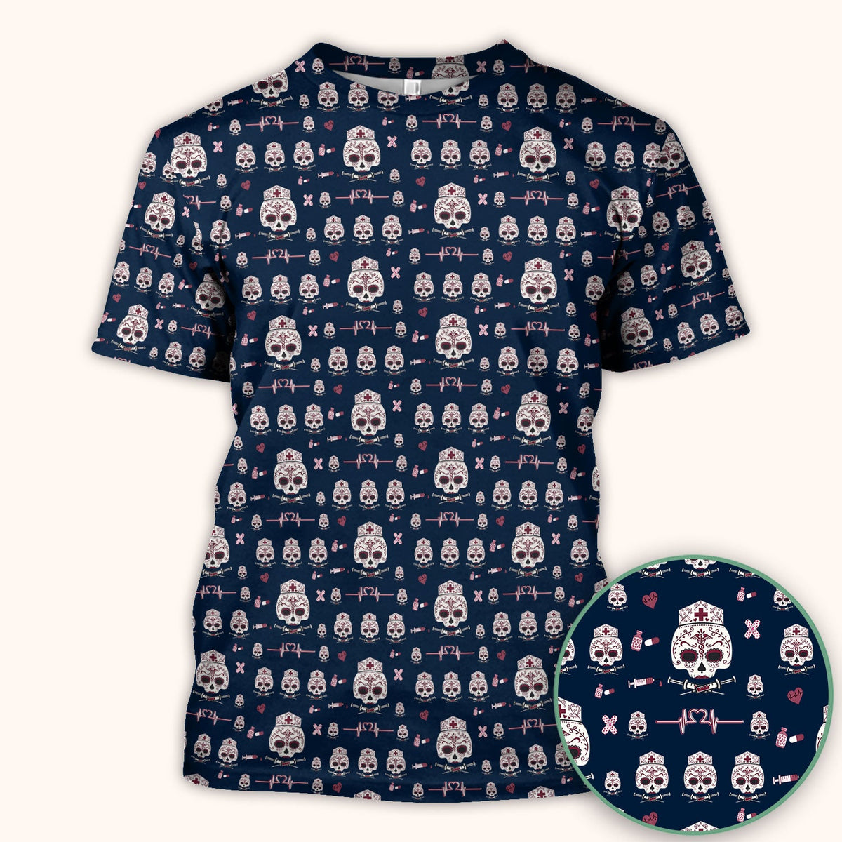 Sugar Skull Scrub Top, Skull Pattern Scrub Shirt, Breathable Fabrics Nursing Uniform