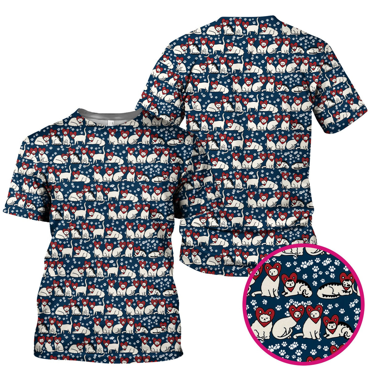 Cute Cat Heart Pattern Scrub Top, Funny Cat Scrub Shirt For Nurses, Breathable Fabrics Nursing Uniform