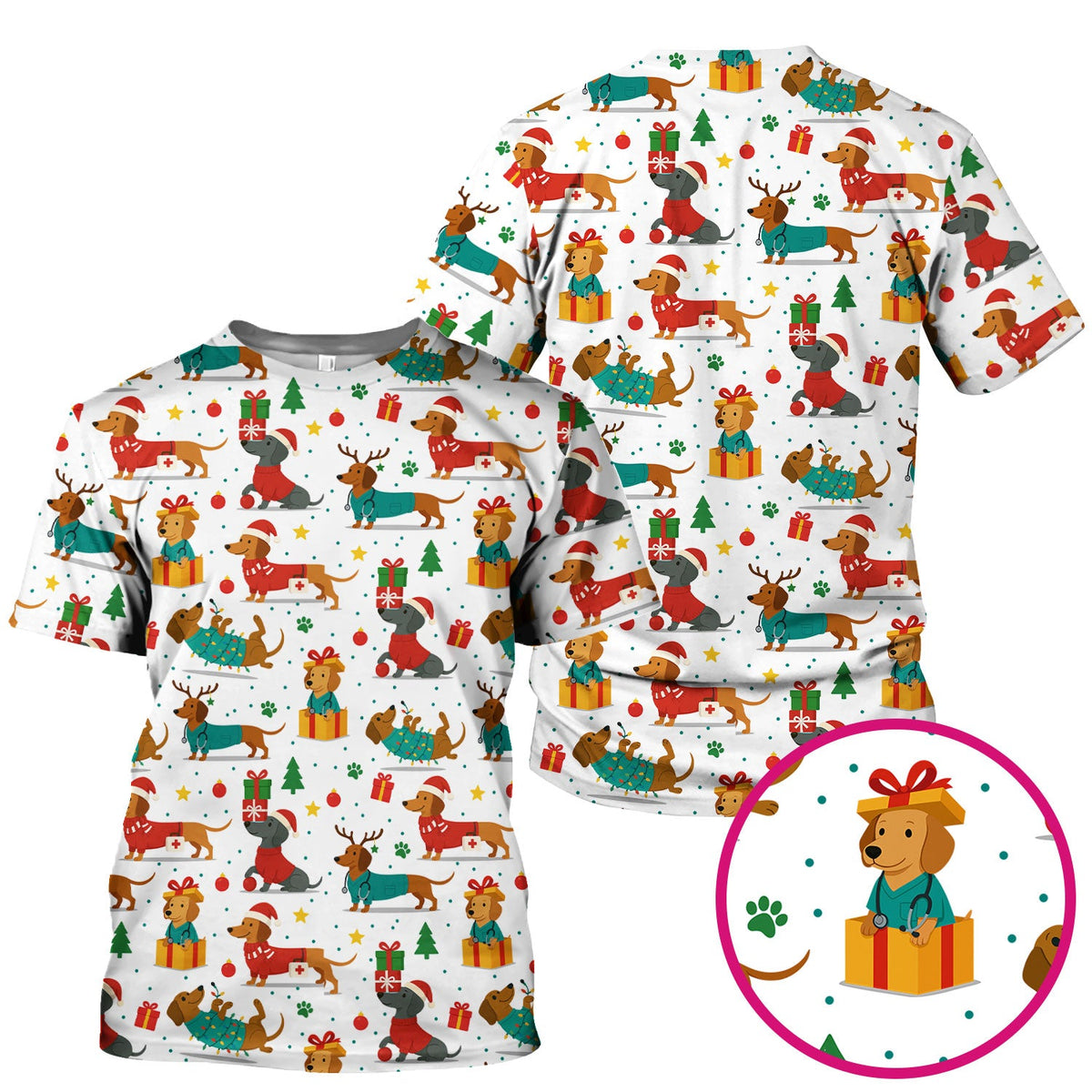 Dachshund Scrub Top Christmas - Cute Dog Nurse Shirt - Holiday Medical Scrubs Gift for Women CNA RN Doctor