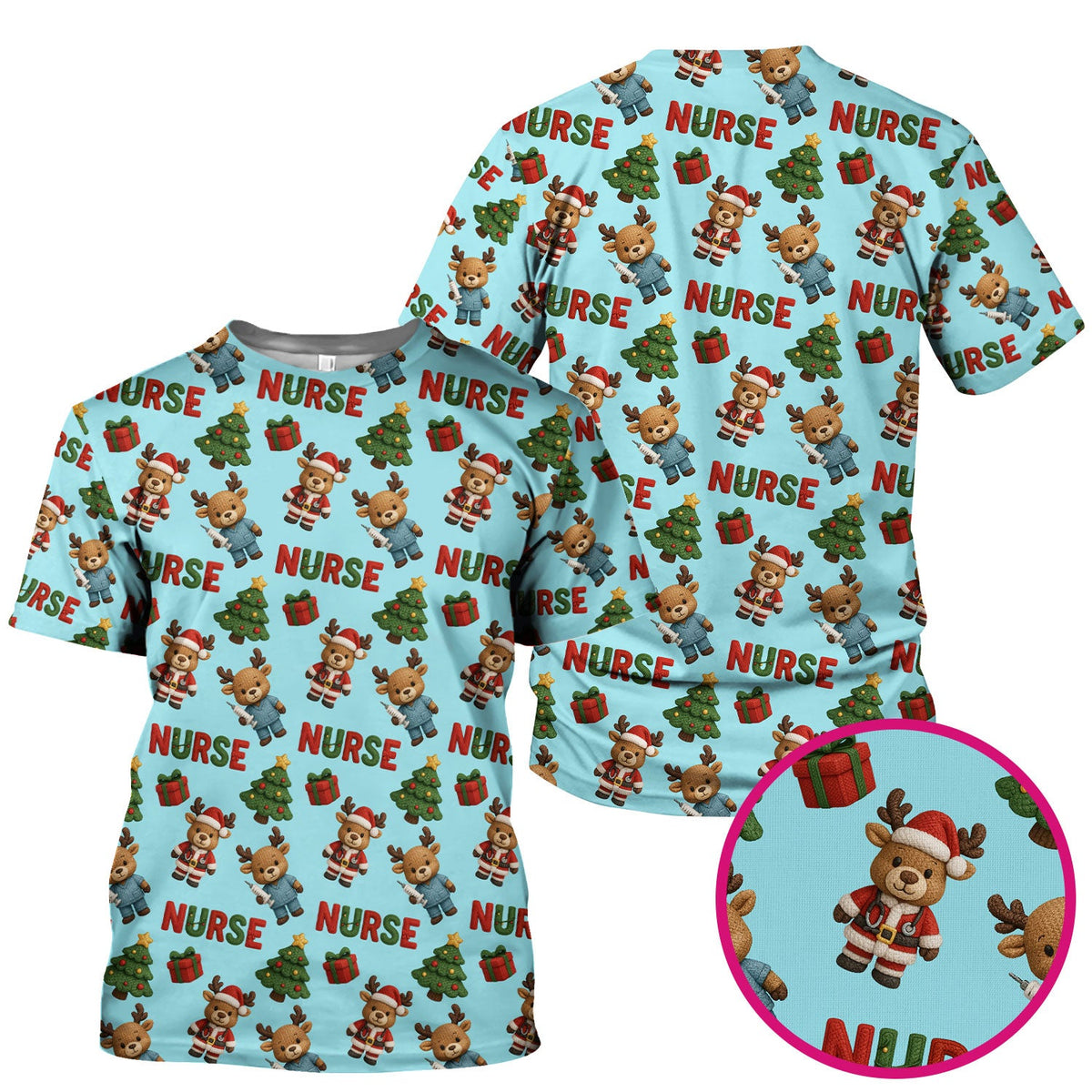 Reindeer Christmas Scrub Top, Cute Holiday Nurse Scrub Shirt, Festive Pattern Nursing Uniform