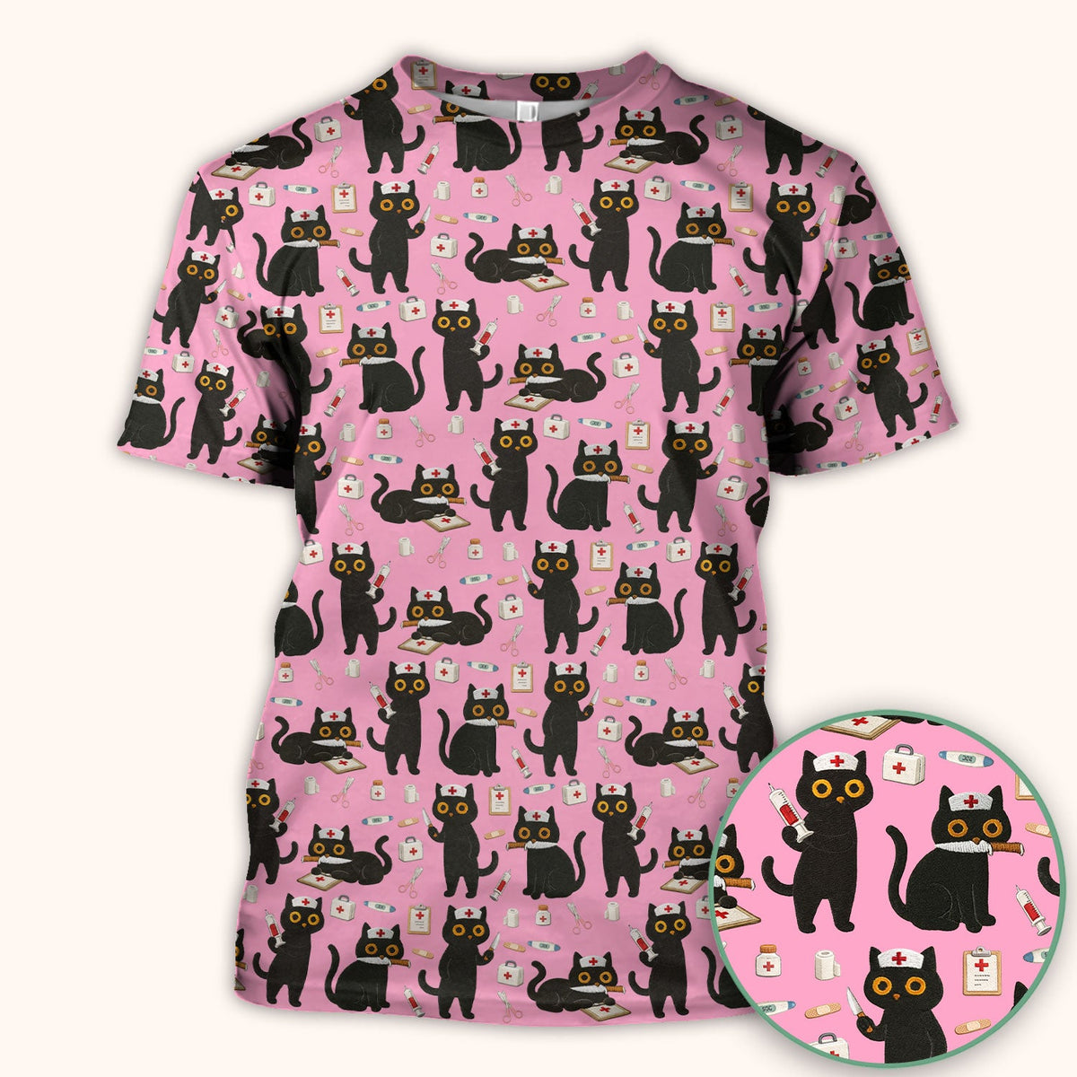 Cute Black Cat Nurse Scrub Top