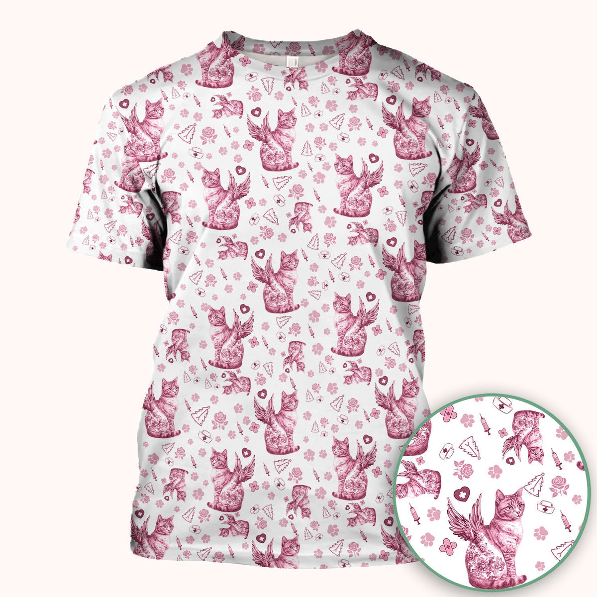 Toile de Jouy Cat Angel Scrub Top - Blue Vintage Nurse Shirt - French Style Medical Uniform for Women RN LPN CNA Gift