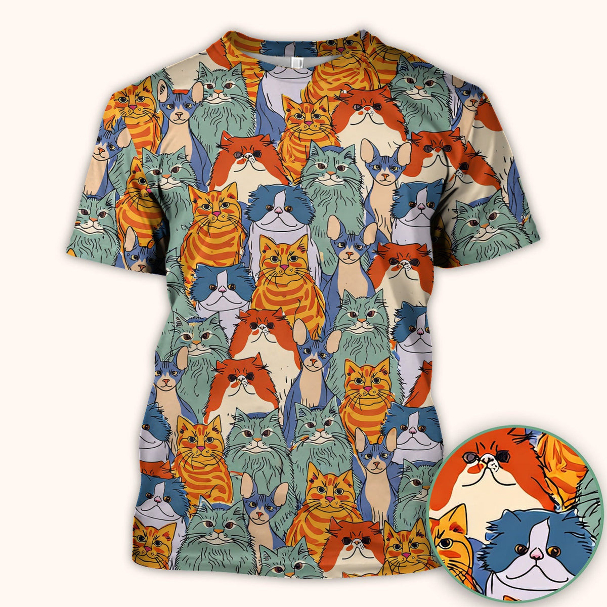 Multicolor Cat Faces Nurse Scrub Top