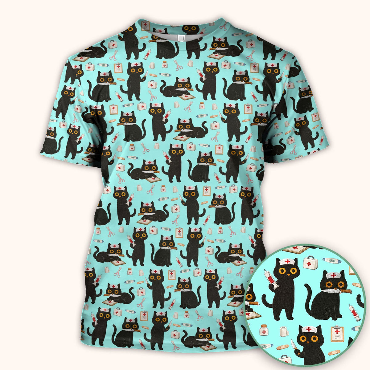 Cute Black Cat Nurse Scrub Top
