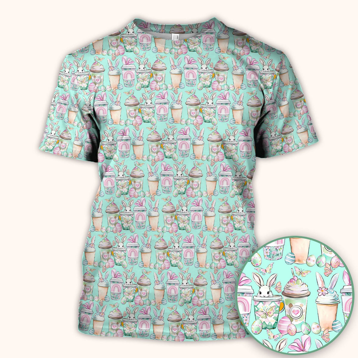 Cute Easter Bunny Coffee Cup Pattern Scrub Top, Comfortable Scrubs for Nurses