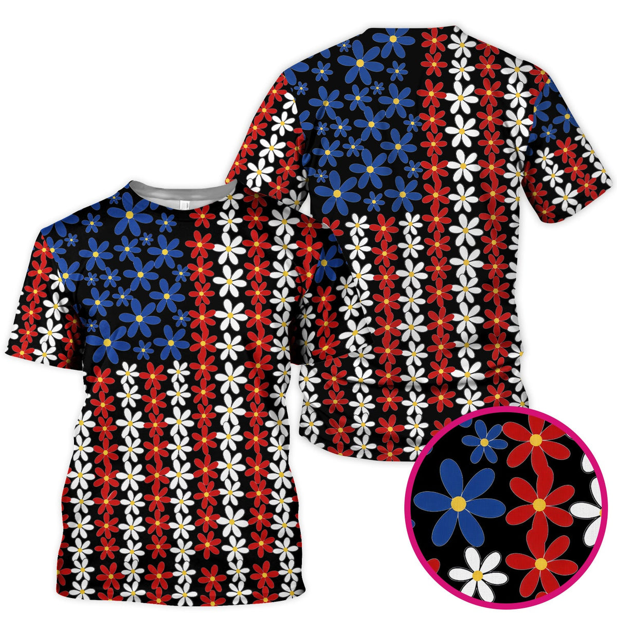 Retro Red Blue Daisy Nurse Scrub Top