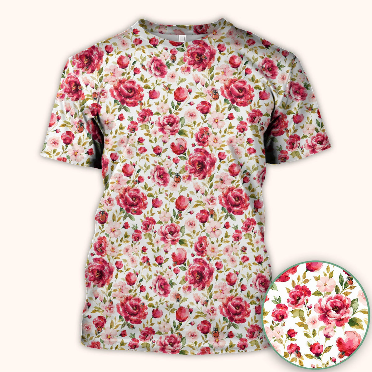 Pink Rose Ladybug Garden Pattern Scrub Top, Comfortable Scrubs for Nurses