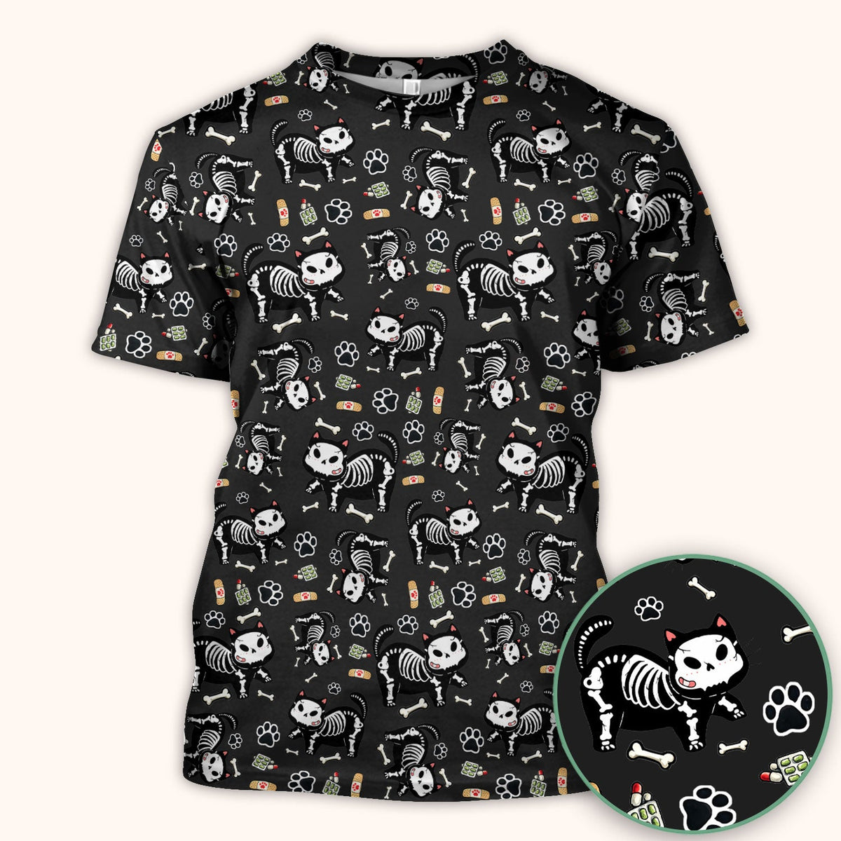 Skeleton Cat Medical Pattern Scrub Top, Comfortable Scrubs for Nurses