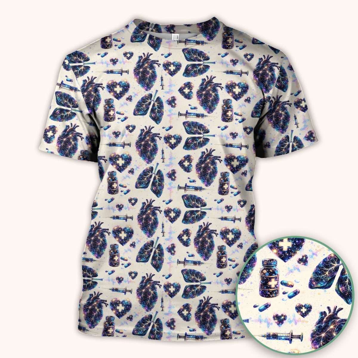 Galaxy Anatomical Heart Lung Syringe Nurse Scrub Top