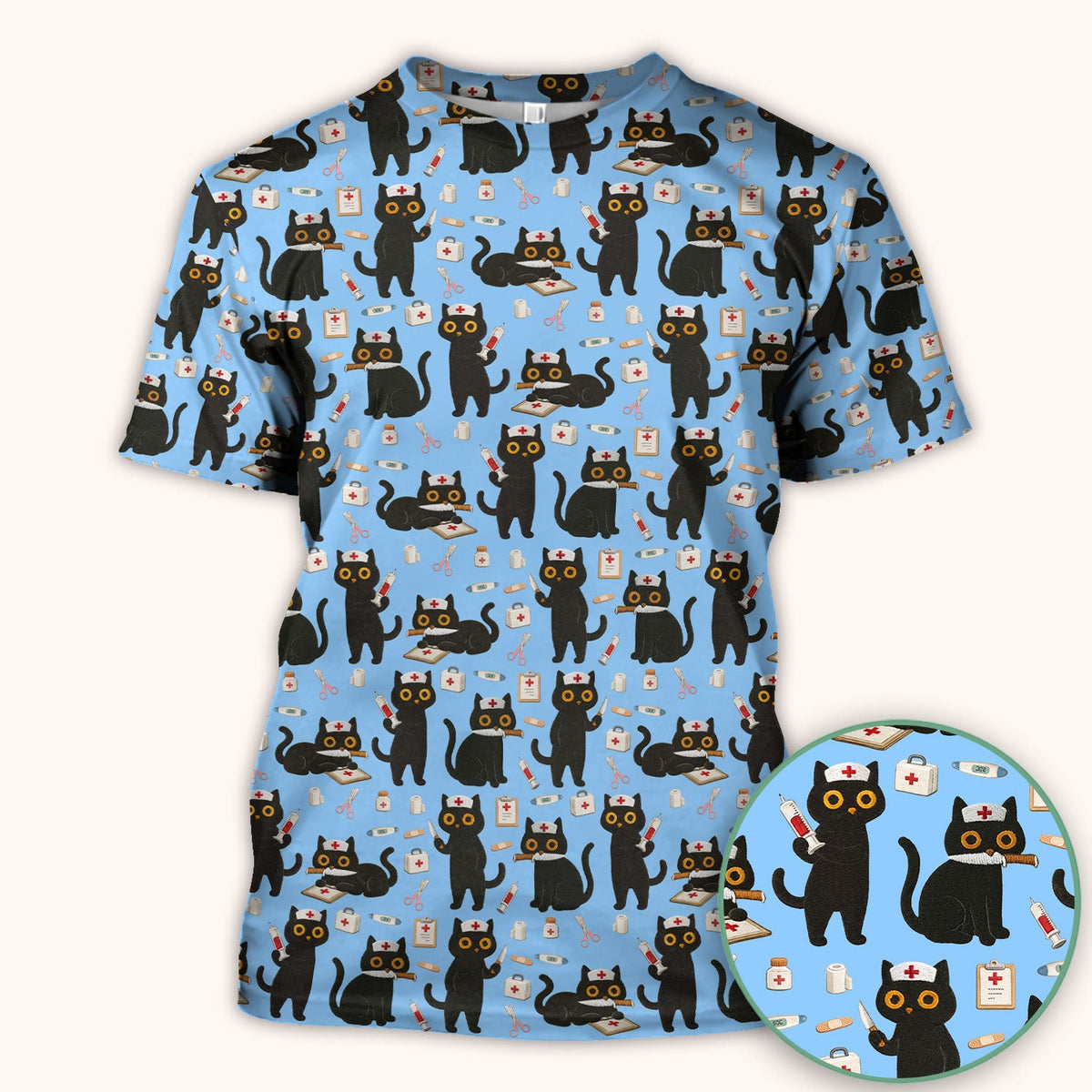 Cute Black Cat Nurse Scrub Top