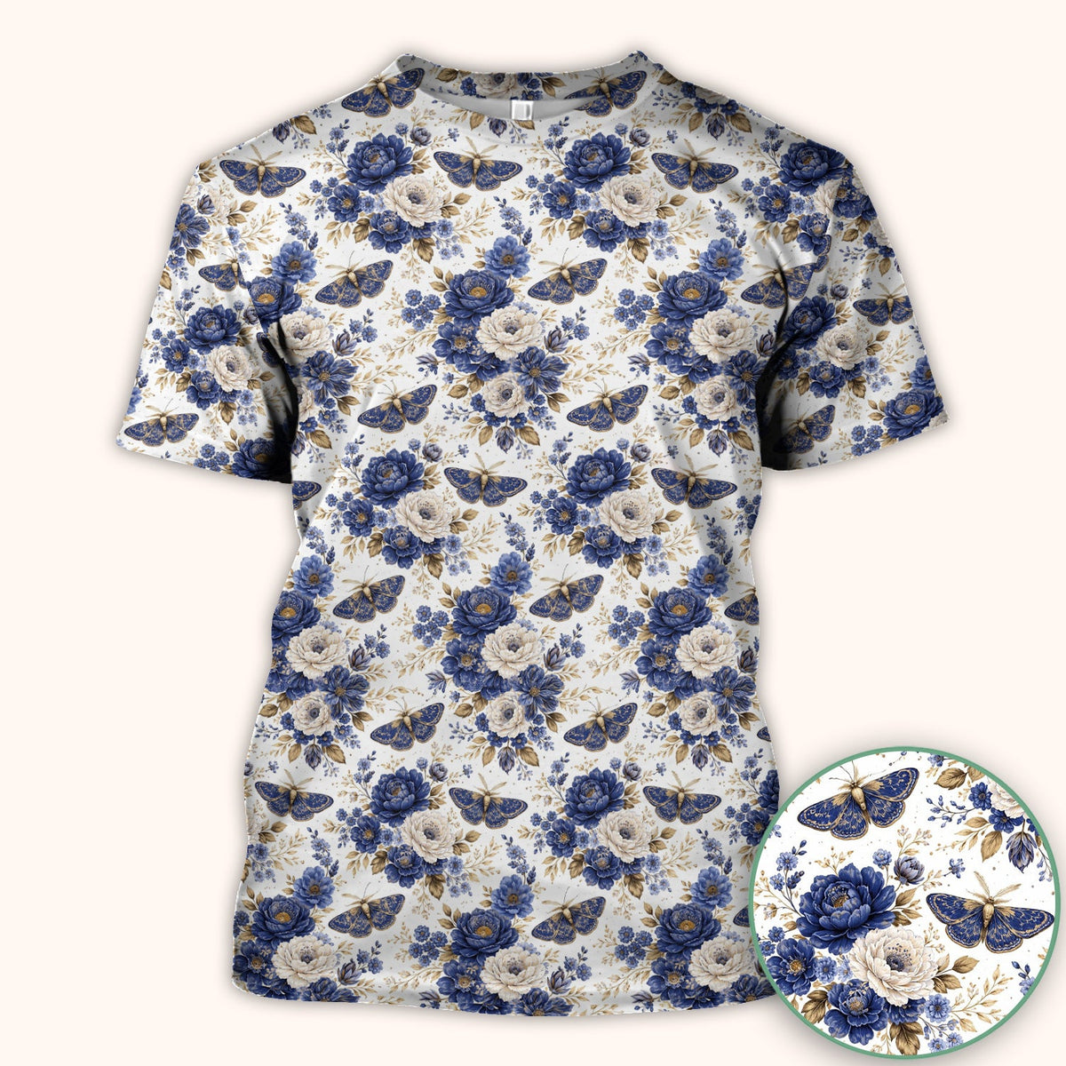 Cute Blue Floral Moth Nurse Scrub Top