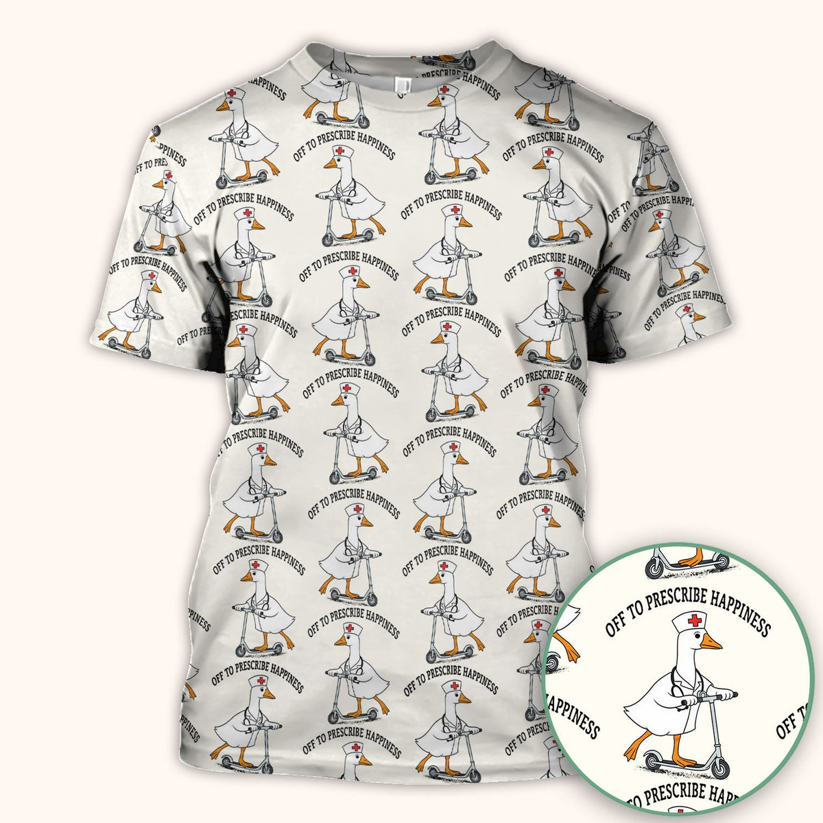 Nurse Goose Scooter Print Scrub Top, Breathable Fabrics Nursing Uniform