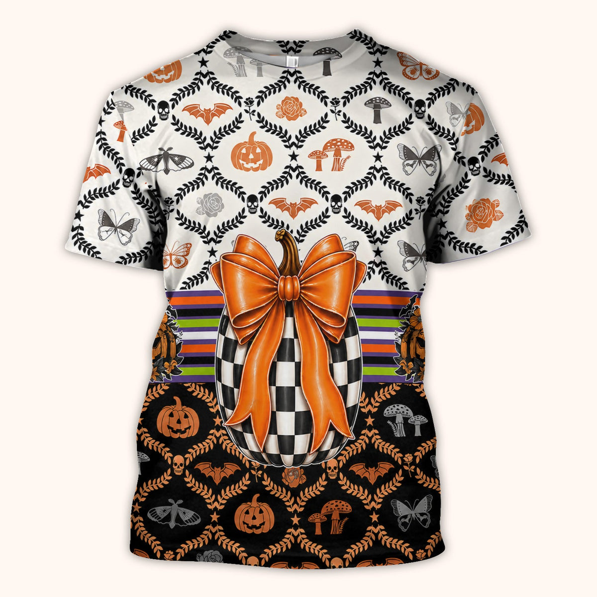 Checkered Pumpkin Bow Nurse Scrub Top - Halloween Gift