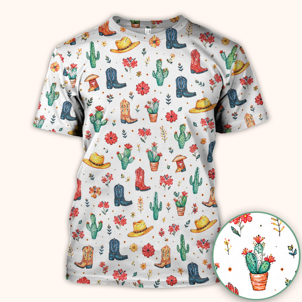 Whimsical Western Cactus Boots Pattern Scrub Top, Breathable Fabrics Nursing Uniform