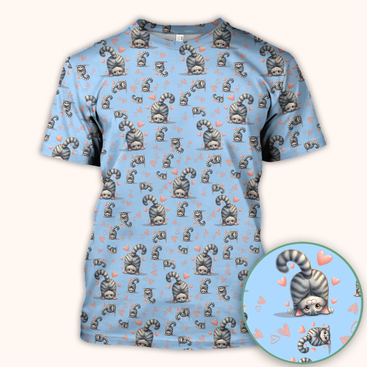 Valentine Cute Cat Scrub Top, Cat Heart Pattern Nurse Uniform, Comfortable Scrubs For Nurses