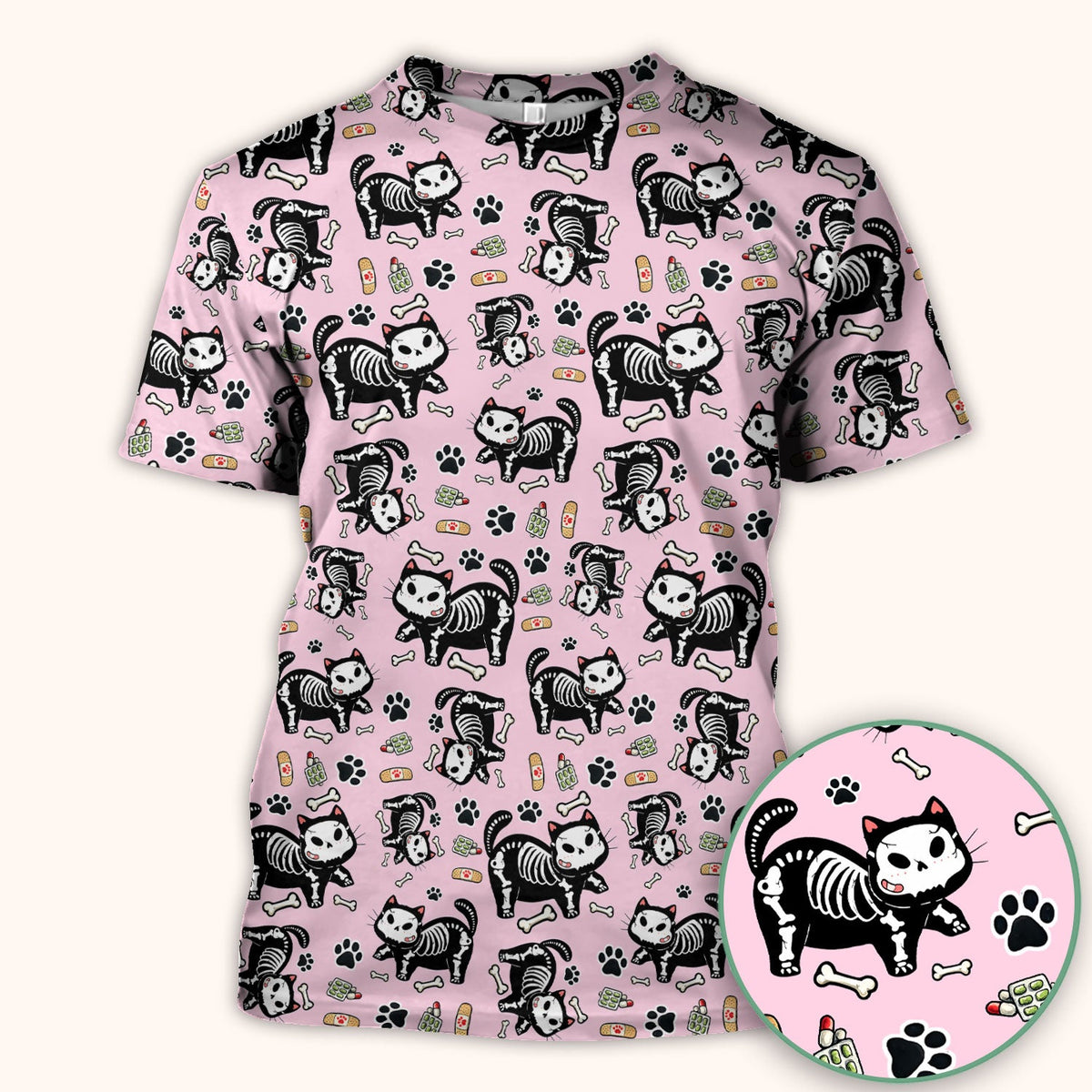 Skeleton Cat Medical Pattern Scrub Top, Comfortable Scrubs for Nurses