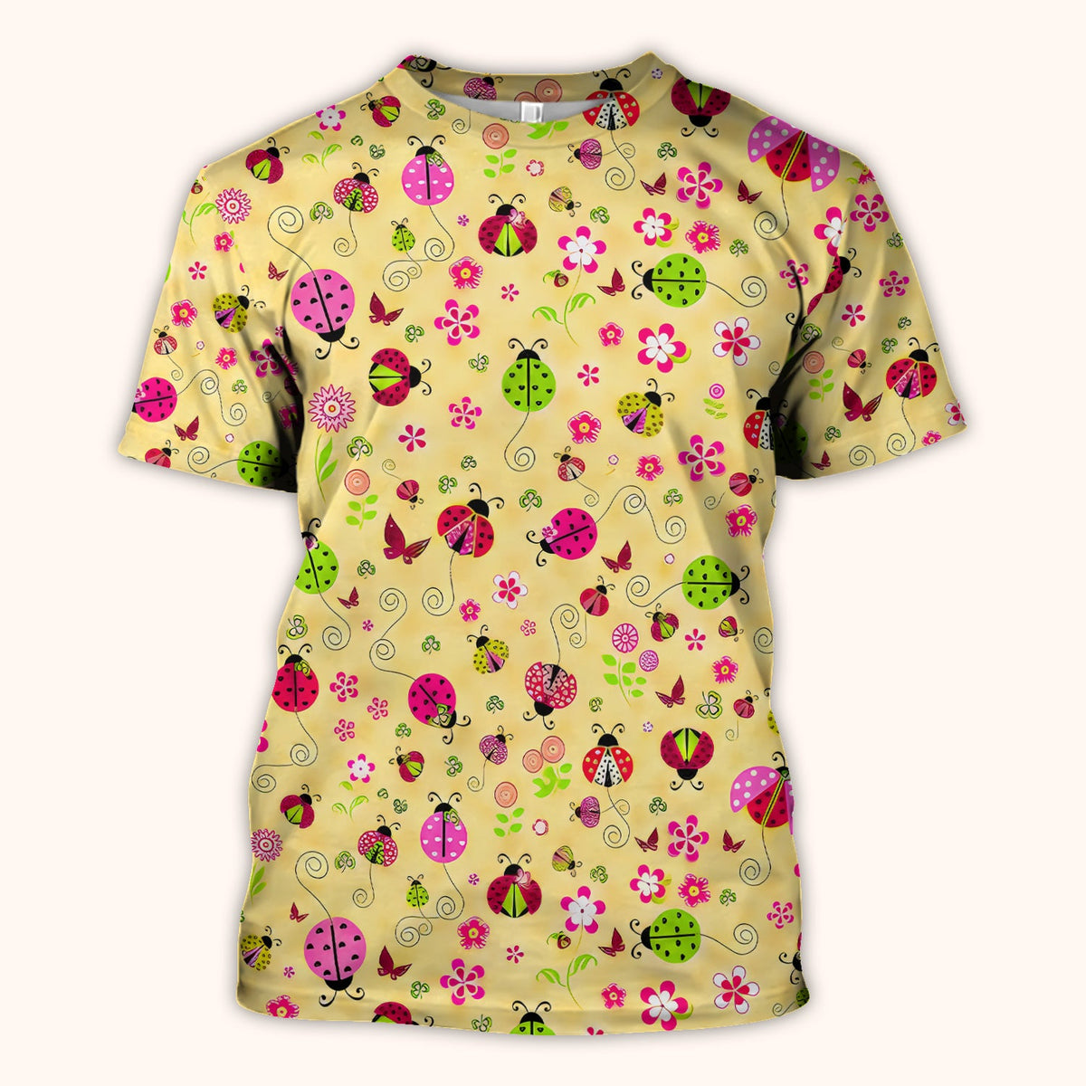 Yellow Ladybug Floral Garden Pattern Scrub Top, Breathable Fabrics Nursing Uniform