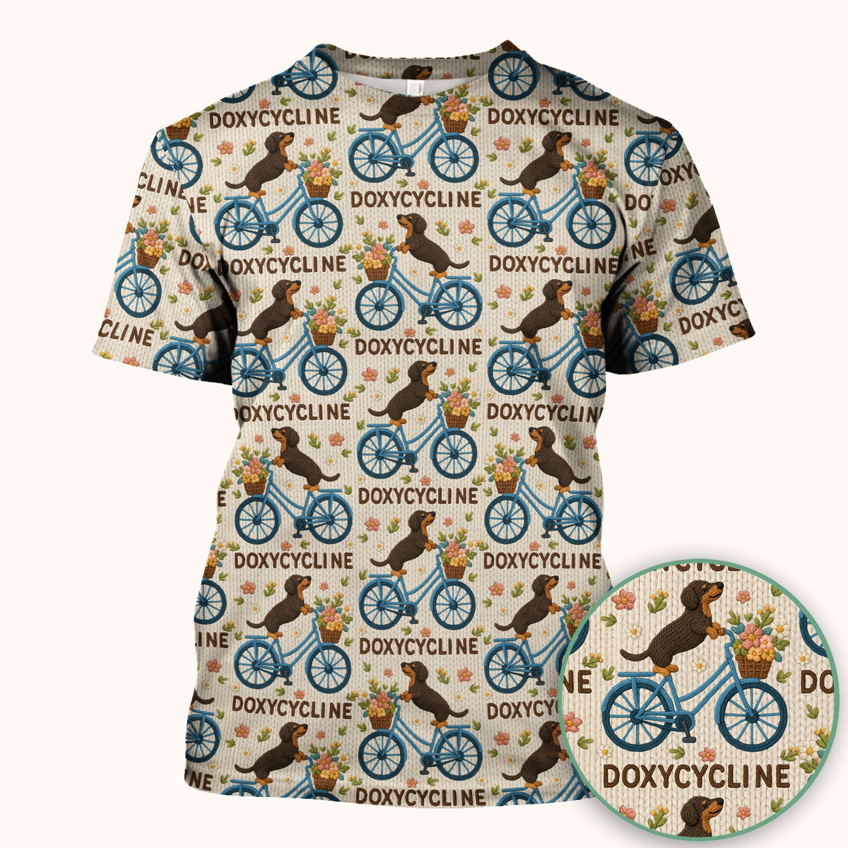Doxycycline Pharmacy Pun Scrub Top - Dachshund on Bicycle Pharmacists Shirt - Veterinary Technicians Gift