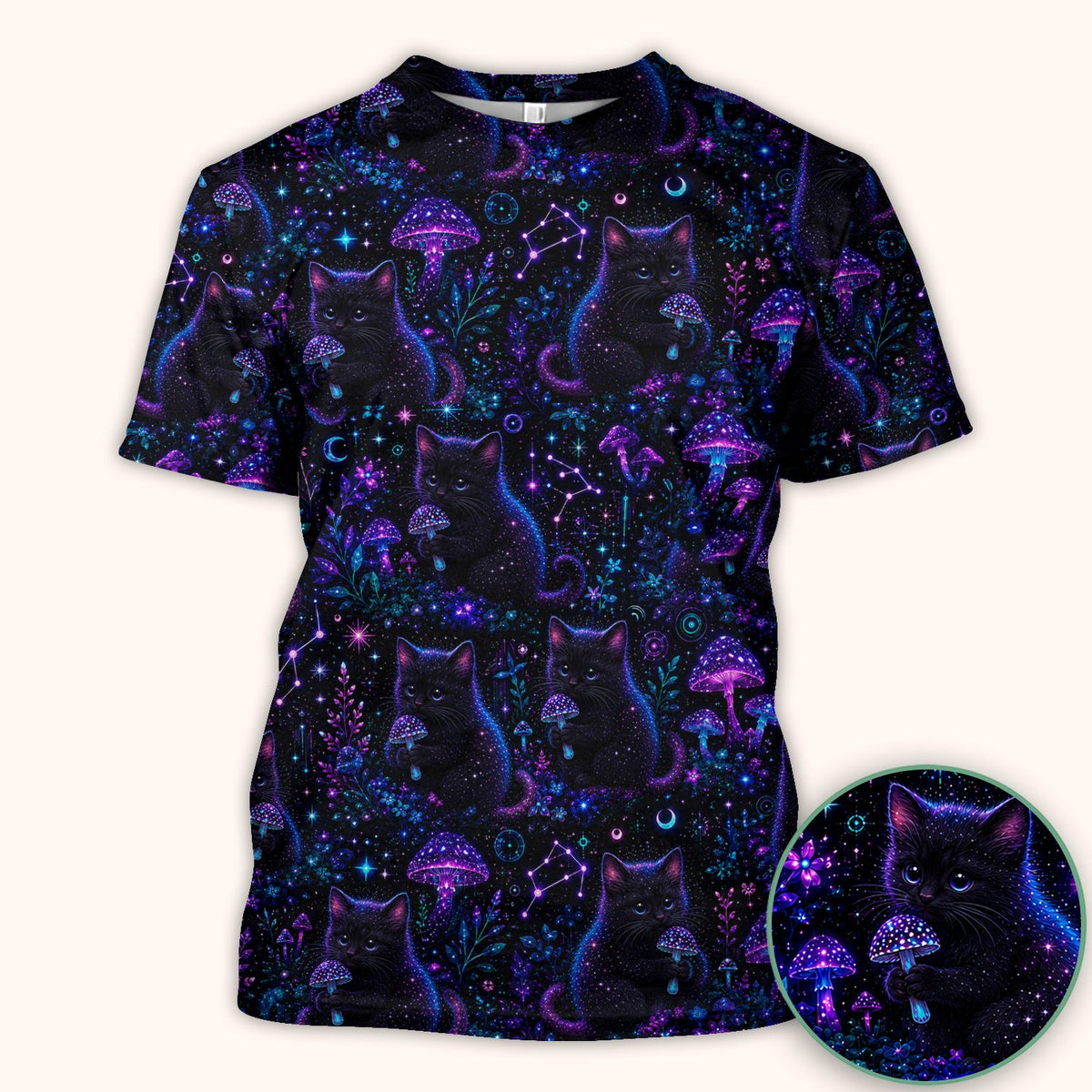 Neon Black Cat Mushroom Galaxy Nurse Scrub Top