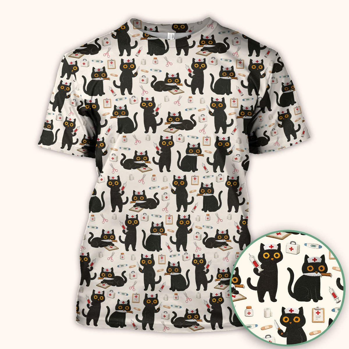 Cute Black Cat Nurse Scrub Top
