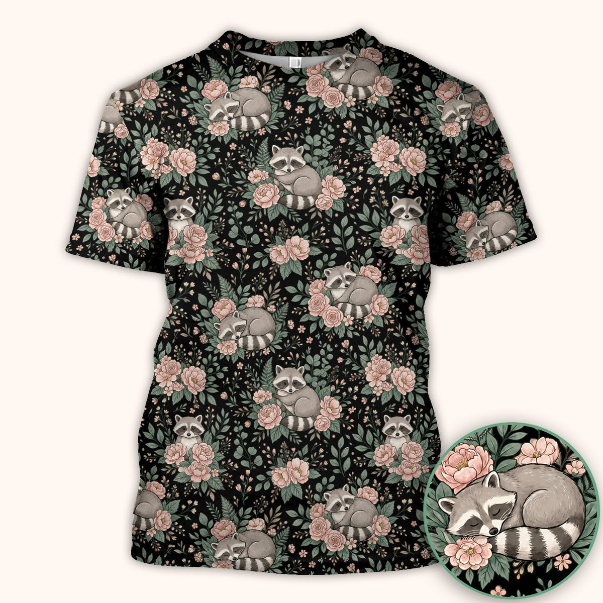Sleeping Raccoon Rose Garden Nurse Scrub Top