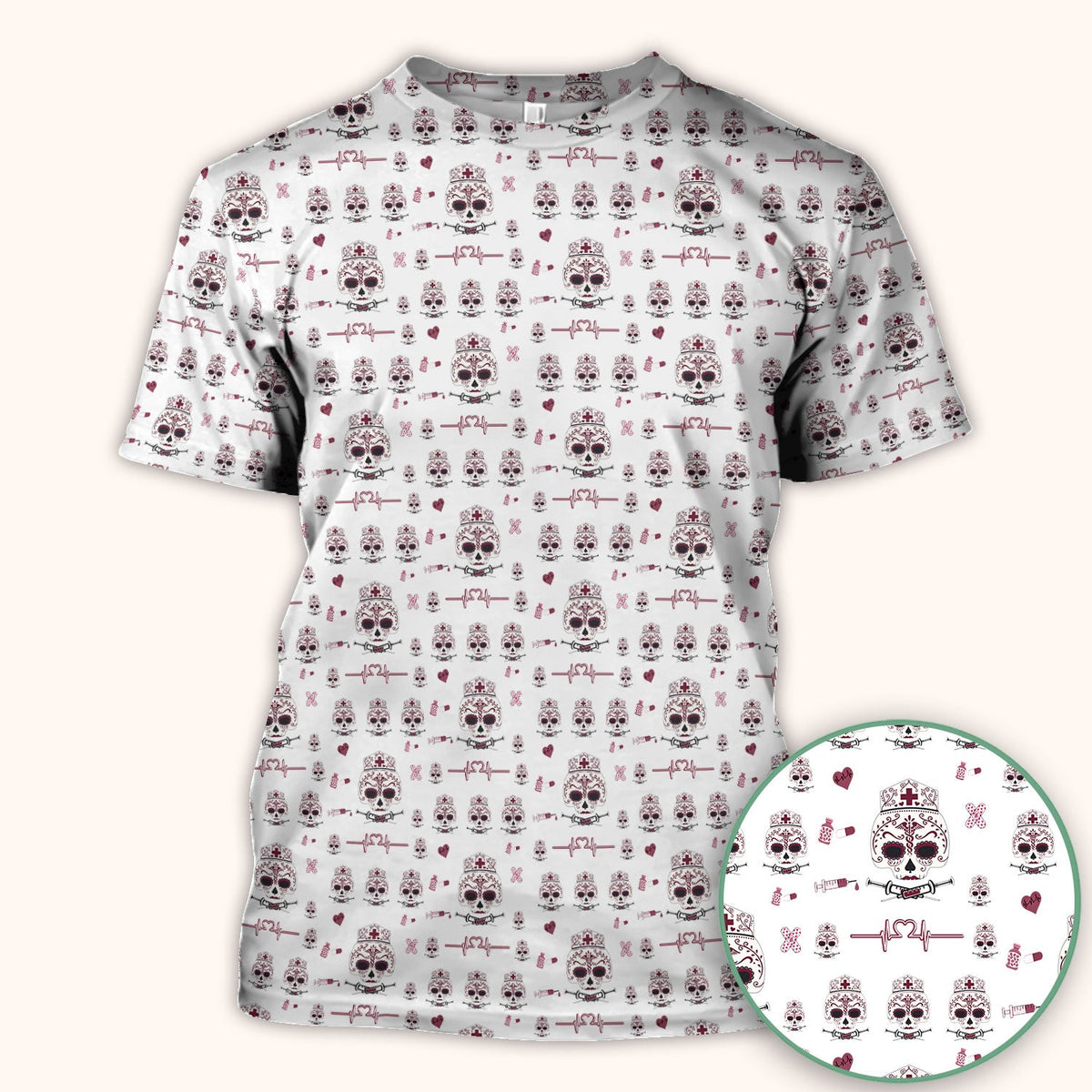Sugar Skull Scrub Top, Skull Pattern Scrub Shirt, Breathable Fabrics Nursing Uniform