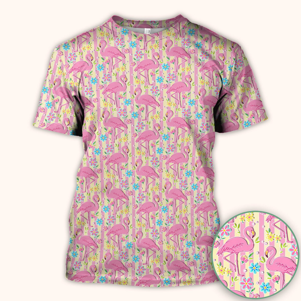 Pink Flamingo Flower Stripe Nurse Scrub Top