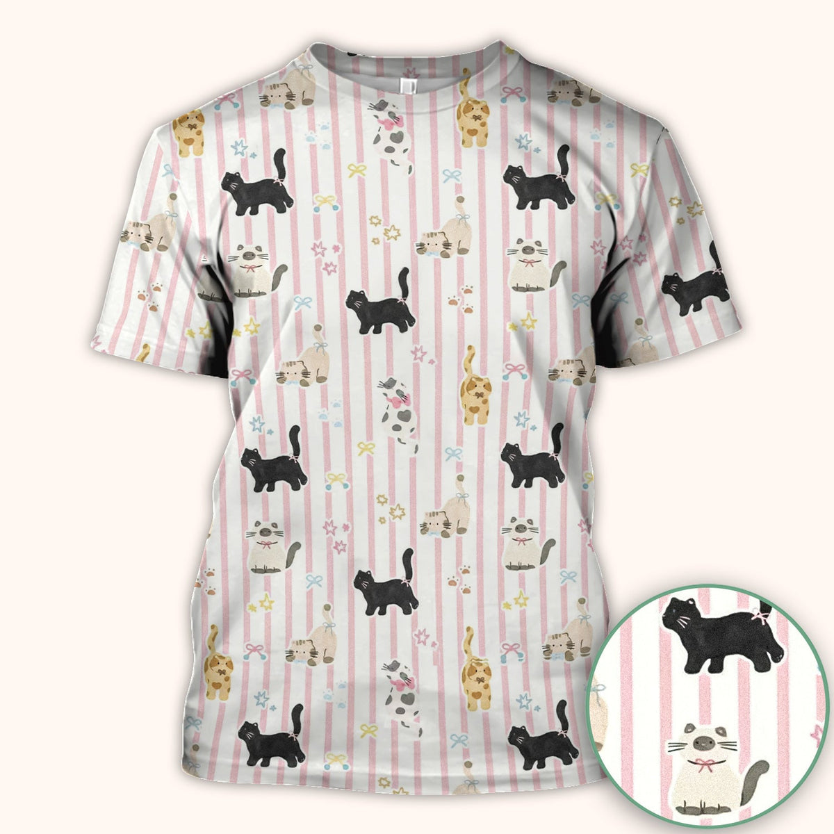Playful Cat Stripe Ribbon Nurse Scrub Top