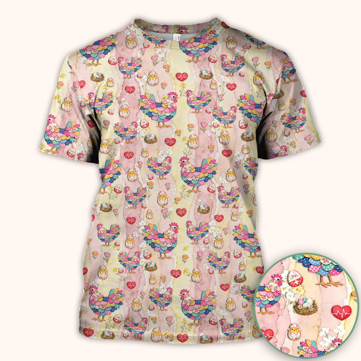 Colorful Chicken Easter Eggs Heart Nurse Scrub Top
