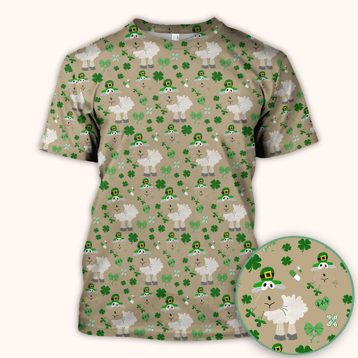 Nurse St. Patrick's Day Scrubs Top, Cute Sheep Shamrock Pattern Nurse Shirt, Breathable Fabrics Nursing Uniform
