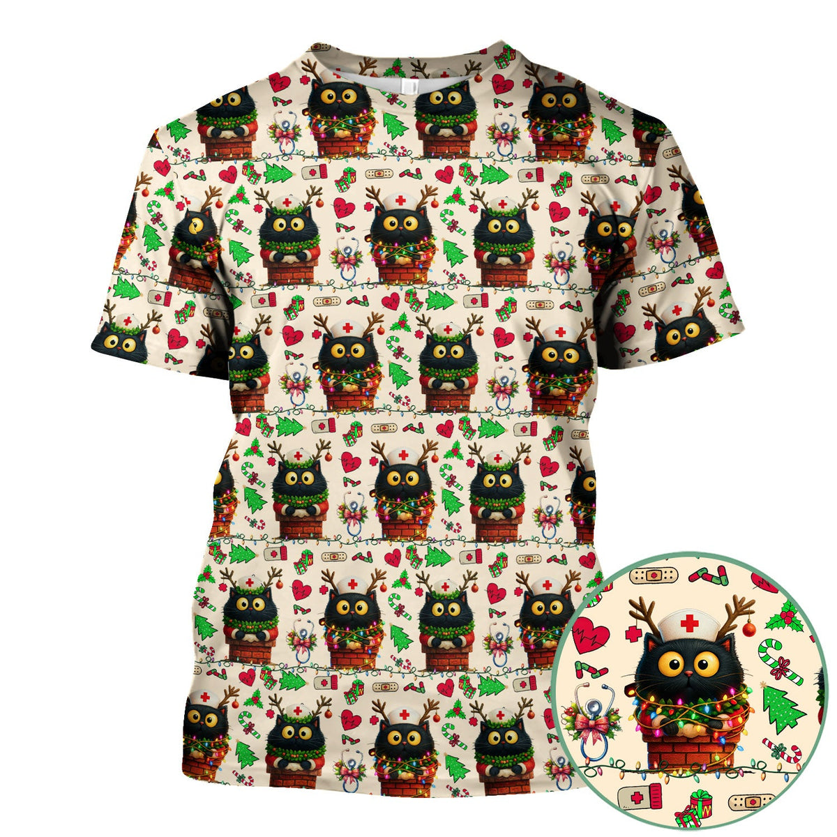 Reindeer Cat Christmas Lights Nurse Scrub Top