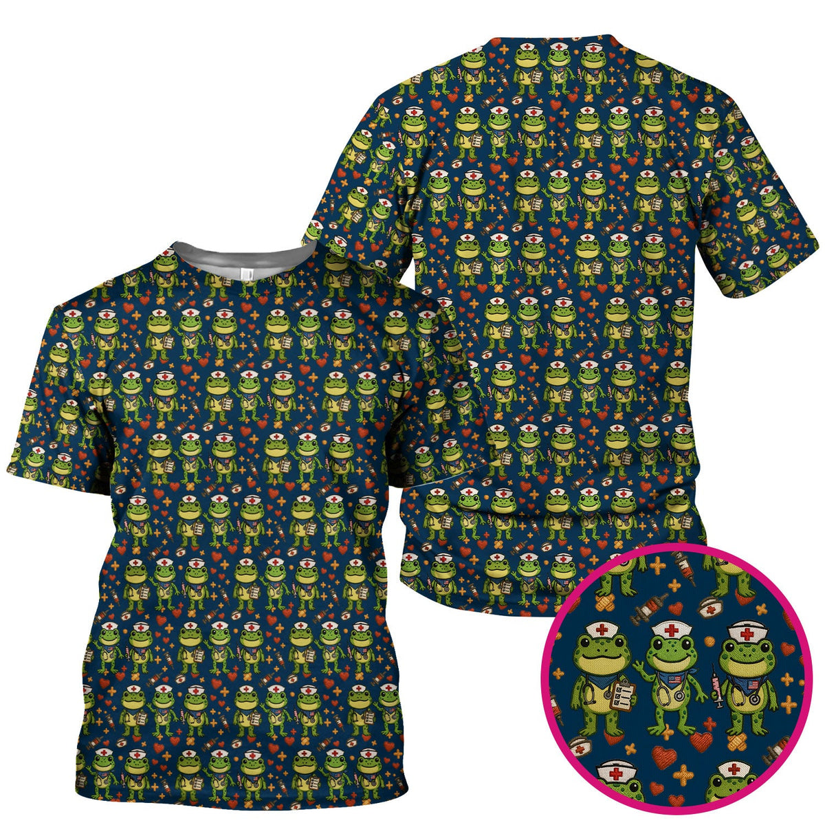Frog Pattern Scrub Top, Cute Frog Scrub Shirt, Breathable Fabrics Nursing Uniform