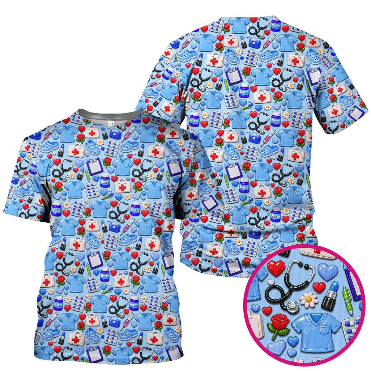 Medical Icons Scrub Top, Cute Pattern Nurse Shirt, Breathable Fabrics Nursing Uniform