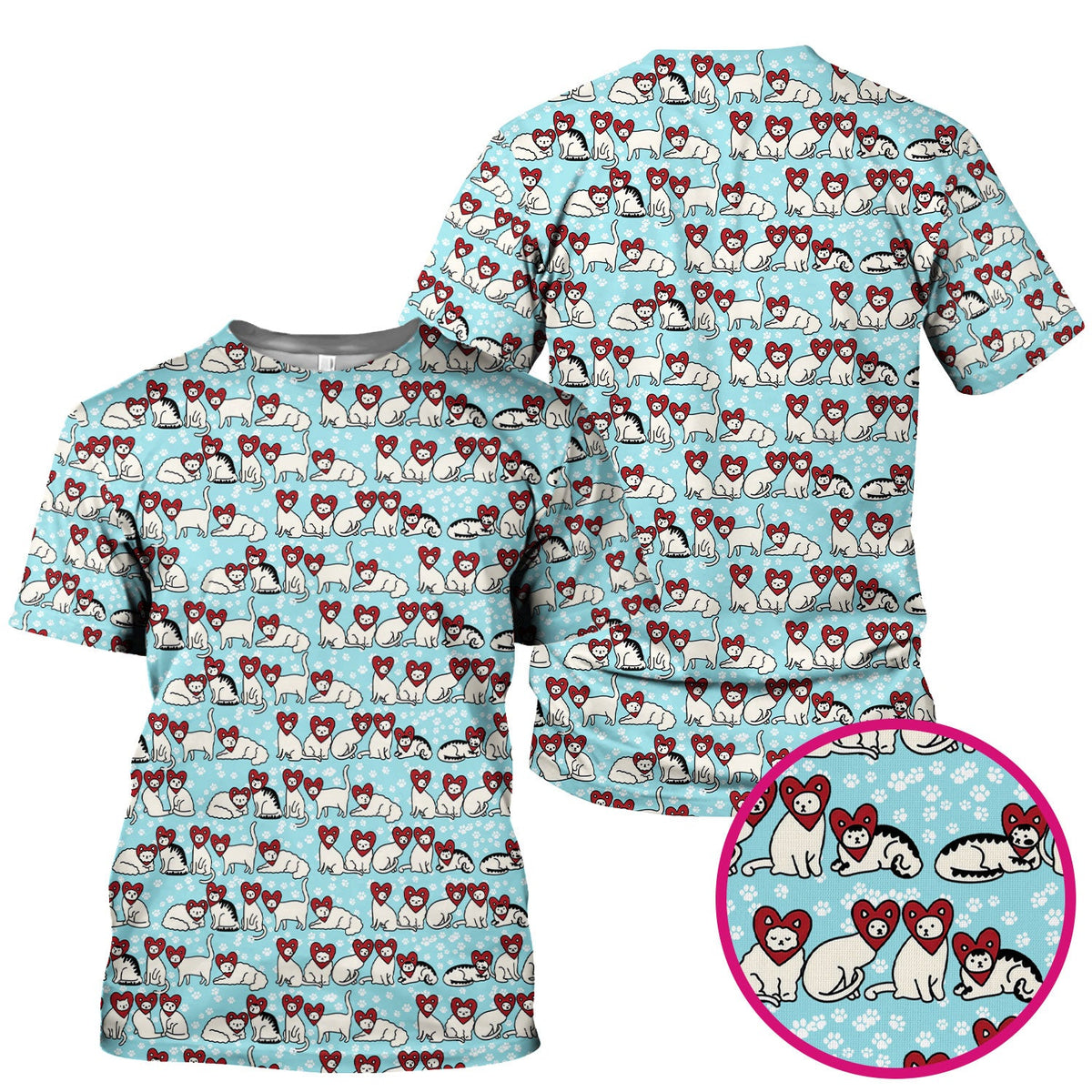 Cute Cat Heart Pattern Scrub Top, Funny Cat Scrub Shirt For Nurses, Breathable Fabrics Nursing Uniform