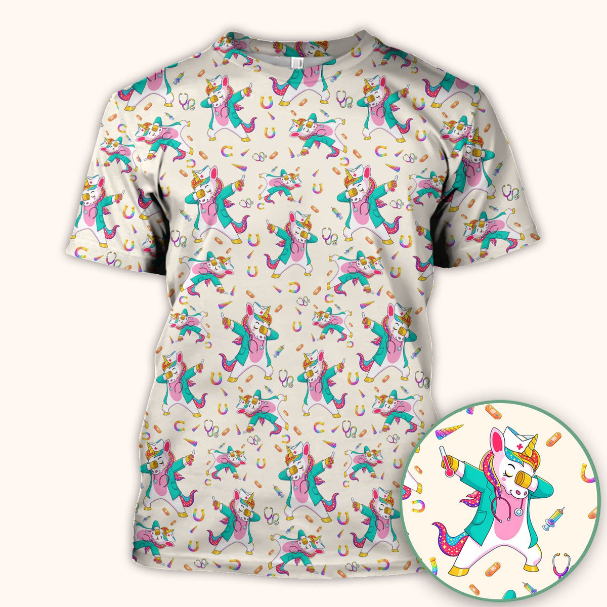 Cute Unicorn Nurse Dance Pattern Scrub Top, Breathable Fabrics Nursing Uniform