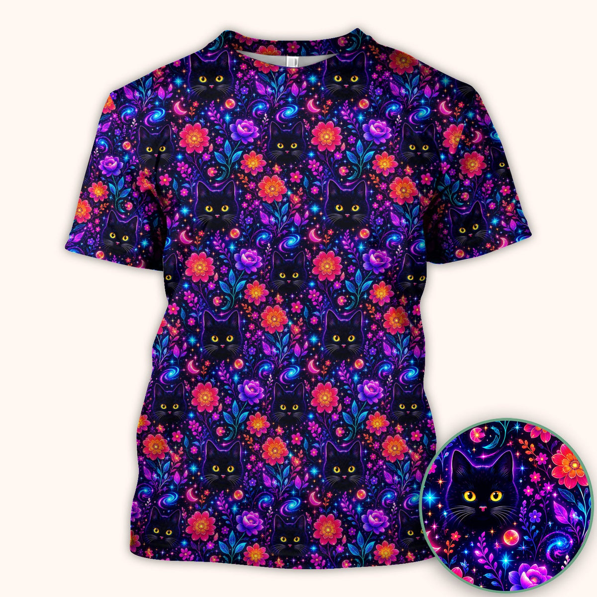 Galaxy Black Cat Floral Nurse Scrub Top
