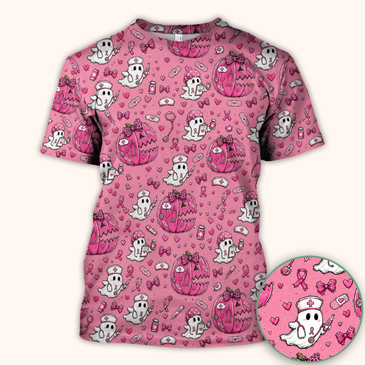 Pink Ribbon Ghost Pattern Nurse Scrub Top