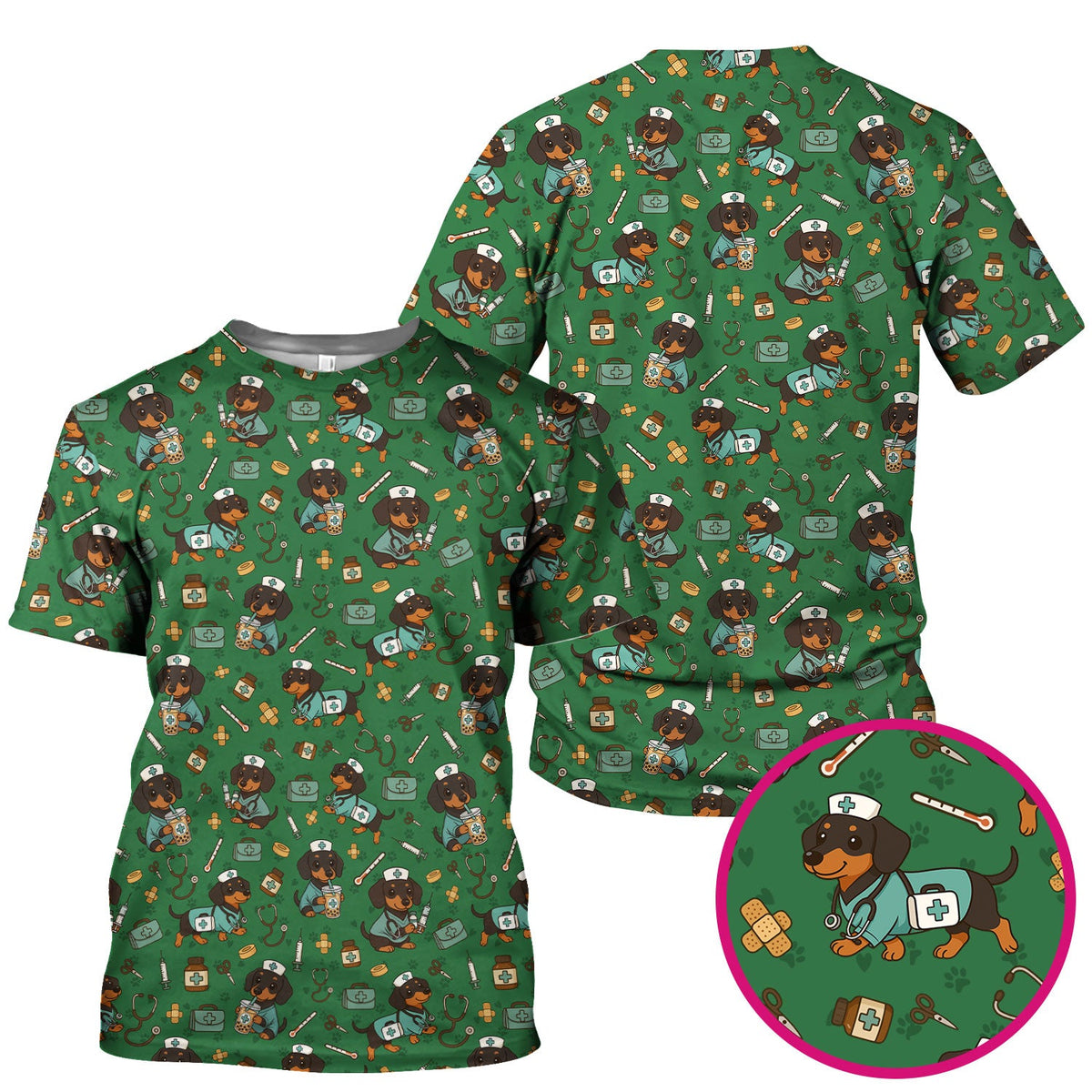Funny Dachshund Nurse Scrubs - Cute Dog Print Medical Shirt - Holiday Nurse Scrub Top Gift for RN CNA Doctor, Women & Men