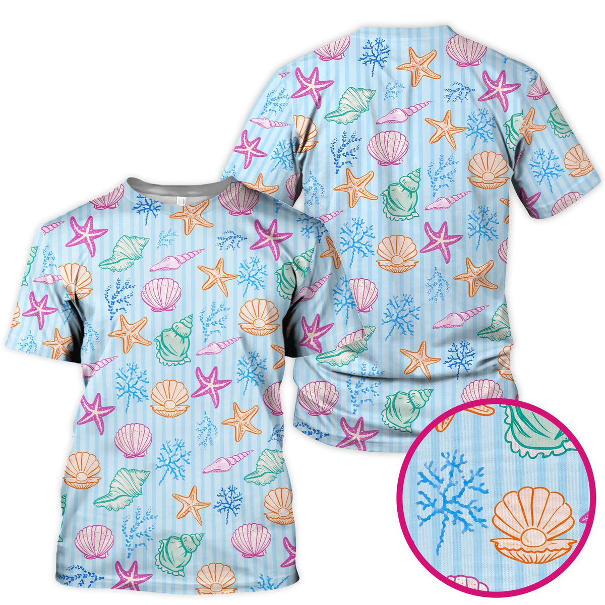 Colorful Seashell Starfish Ocean Stripe Nurse Scrub Top