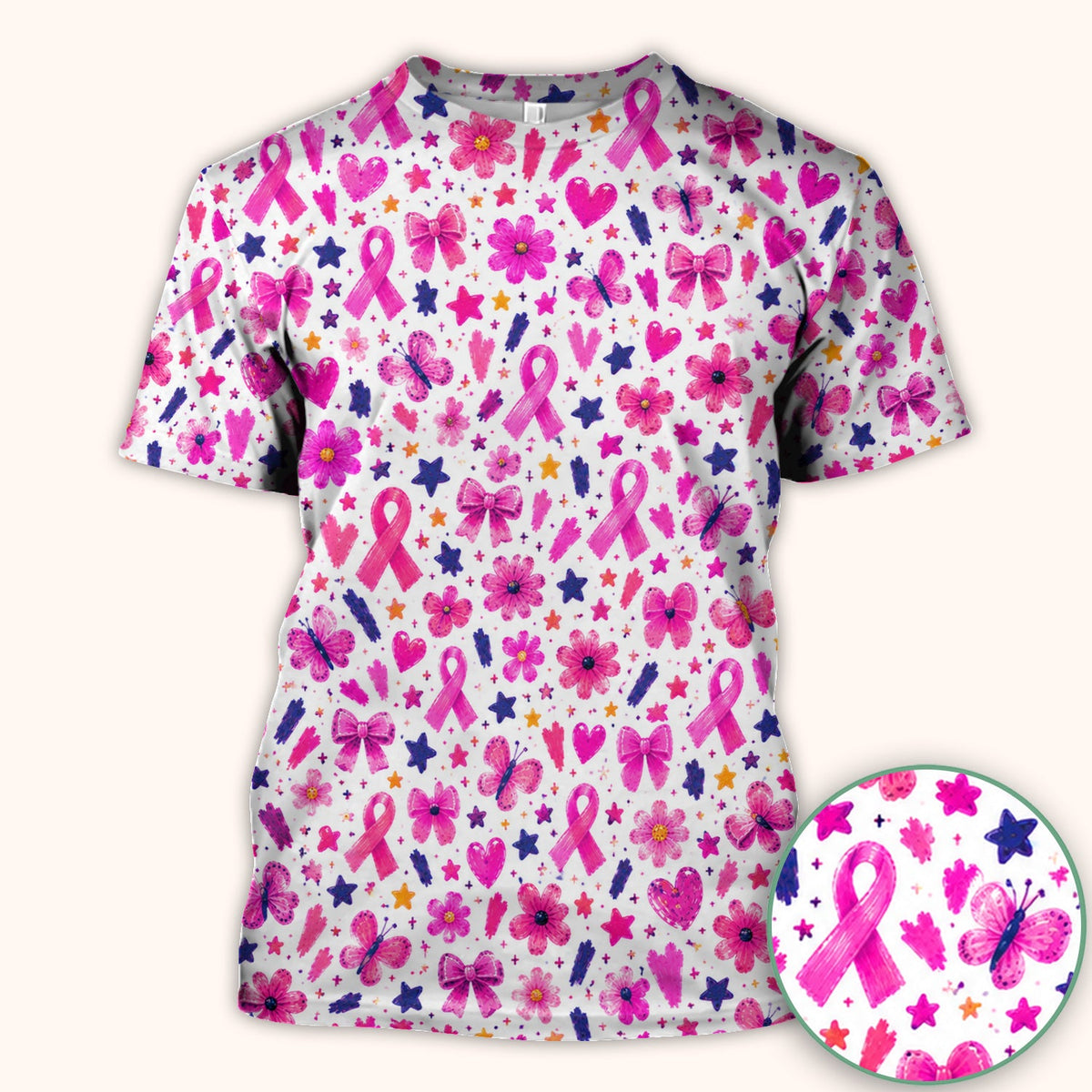 Pink Ribbon Floral Breast Cancer Nurse Scrub Top