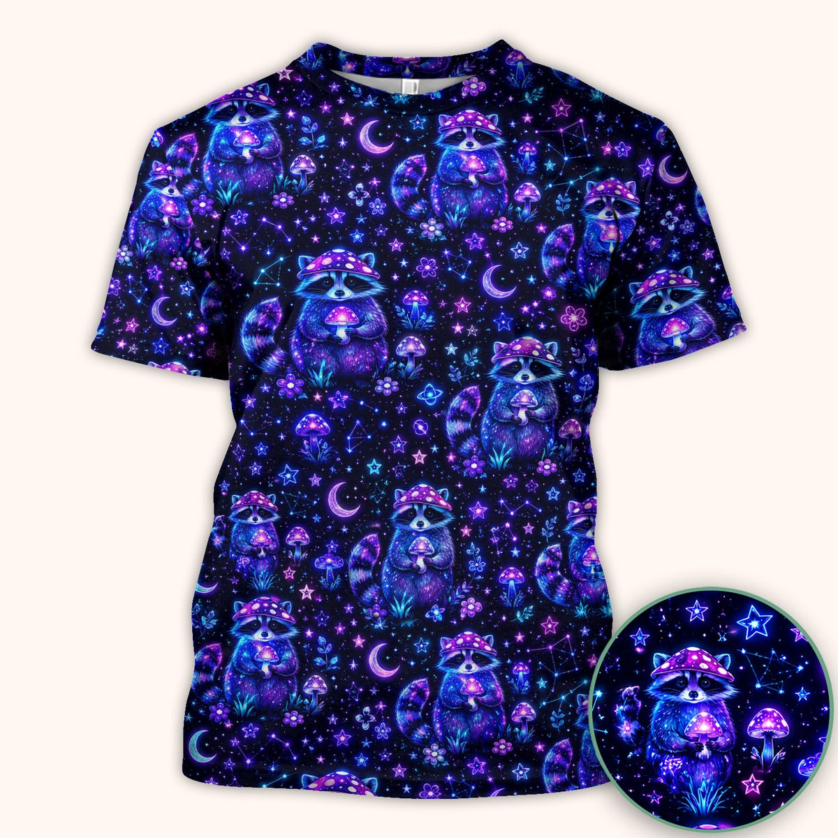 Neon Mushroom Raccoon Galaxy Nurse Scrub Top