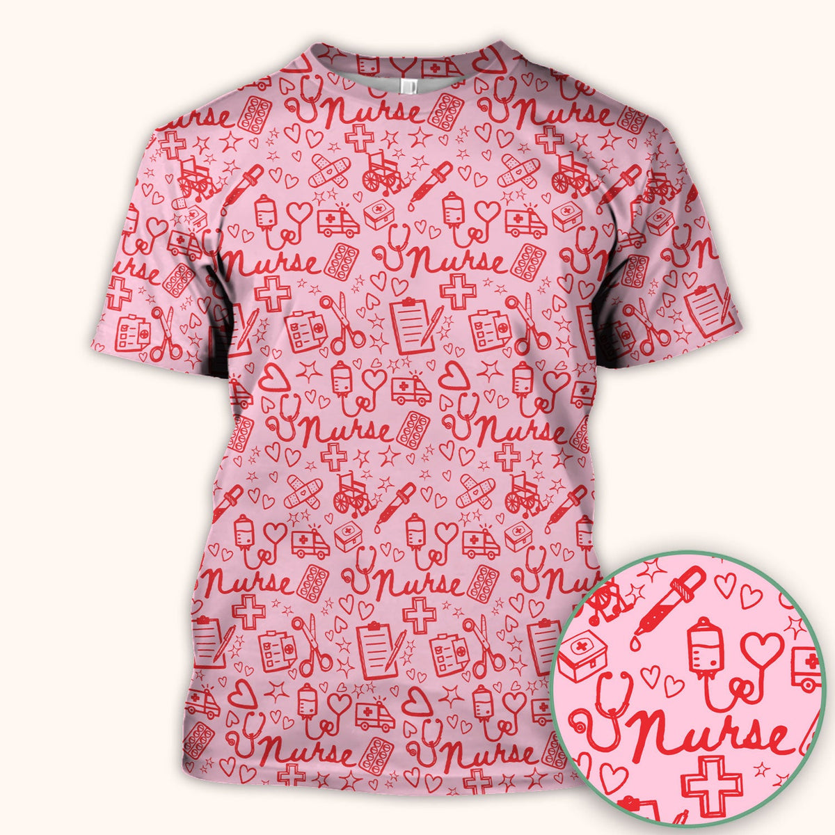 Cute Nurse Heart Medical Pattern Scrub Top, Comfortable Scrubs for Nurses