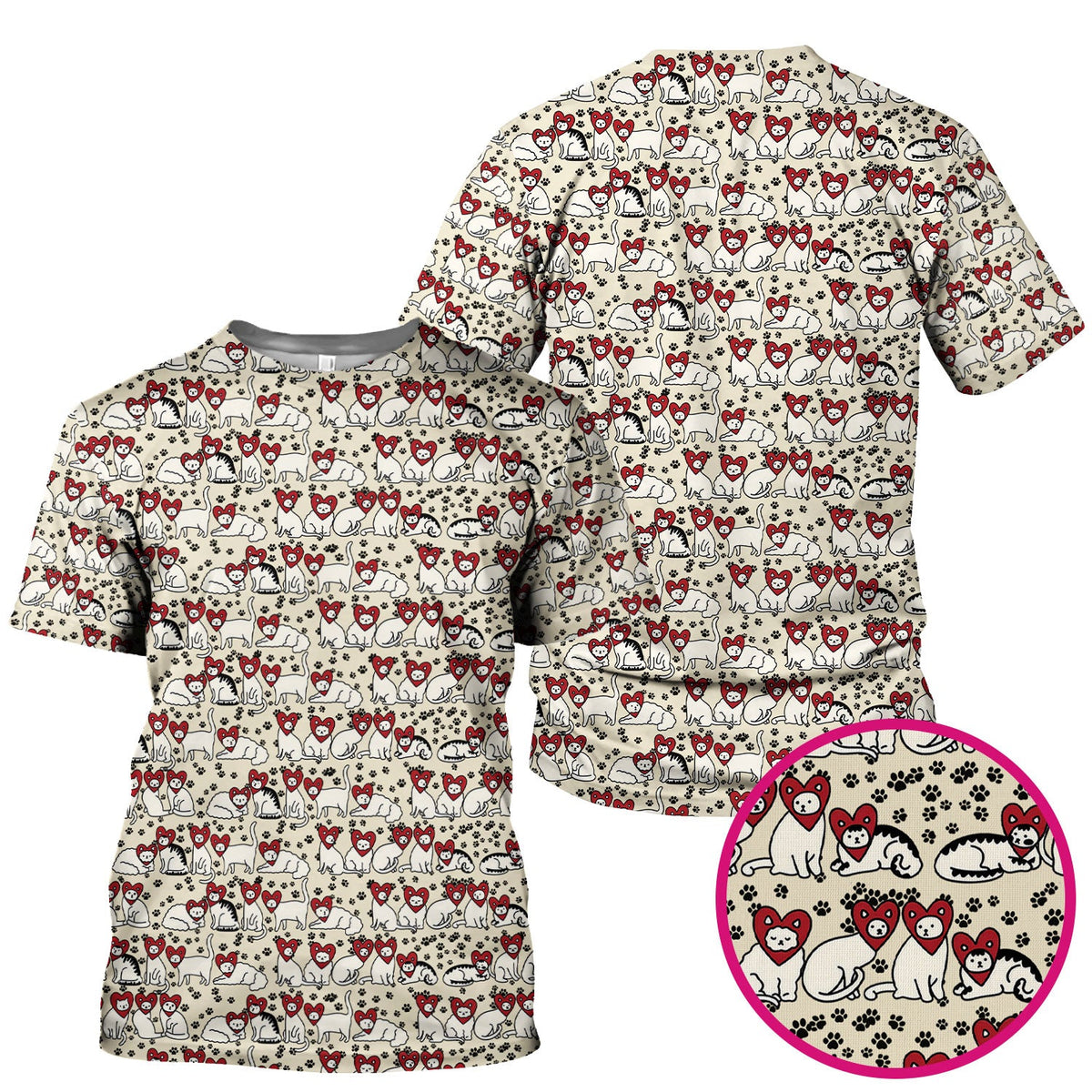 Cute Cat Heart Pattern Scrub Top, Funny Cat Scrub Shirt For Nurses, Breathable Fabrics Nursing Uniform