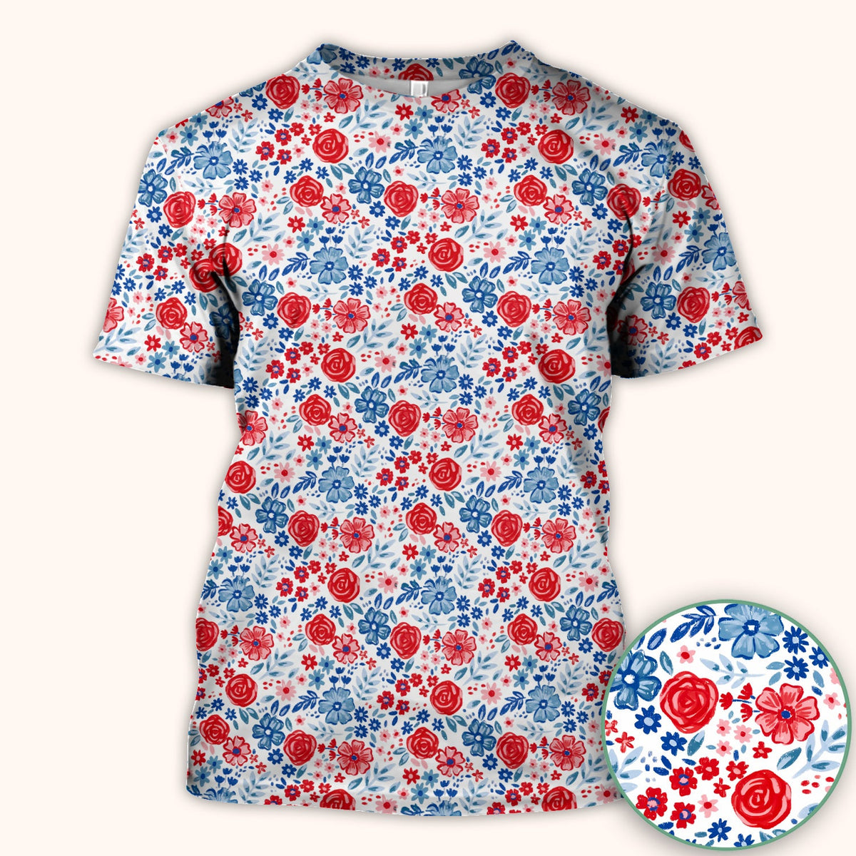 Red Blue Floral Garden Blossom Nurse Scrub Top